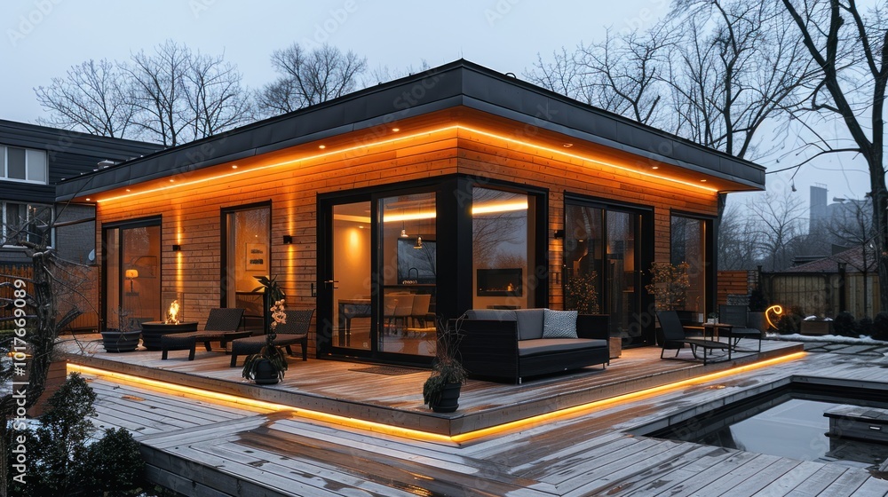 Obraz premium Modern wooden house with warm lighting, cozy deck, and serene surroundings during twilight hours. Generative AI