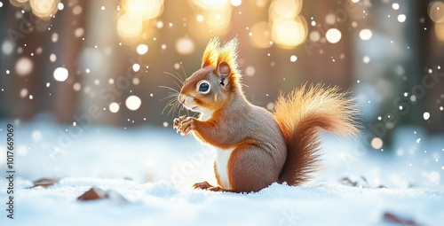 Photograph of a happy red squirrel in a winter forest, full-body portrait, sunset, beautiful lighting, bokeh, white snow background.