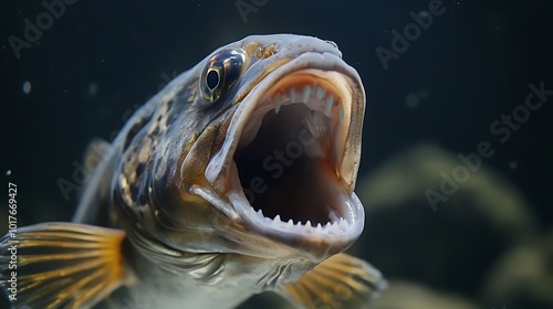 A close-up of a fish swimming with its mouth open, showcasing its teeth and feeding behavior.