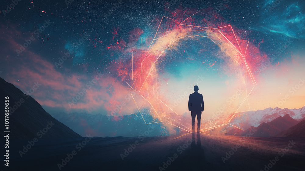 Silhouette of a person in a tunnel, blended with glowing geometric shapes and light beams Silhouette of a person in a tunnel, blended with glowing geometric shapes and light beams