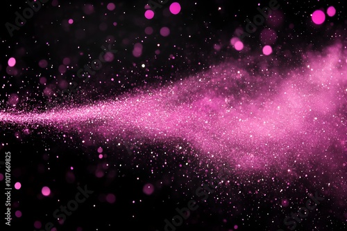 Spray of pink glitter on a black background. Star dust jet. Splash shining effect. Template for holiday and beauty design