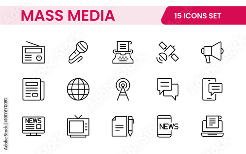 Mass media outline vector icons large set isolated on white background. media business concept. Media outline icons set.