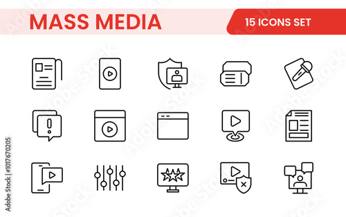 Mass media outline vector icons large set isolated on white background. media business concept. Media outline icons set.
