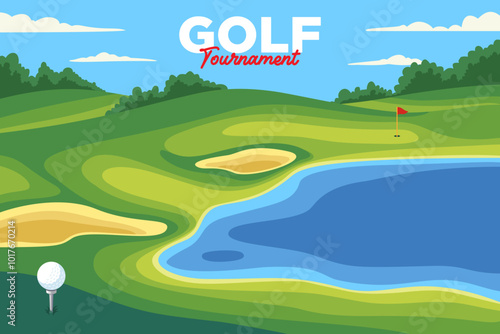 golf course with ball on tee, flag, hole and lake landscape background vector illustration collection for golf club sport and tournament banner, poster, wallpaper and social media