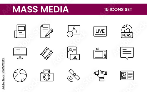 Mass media outline vector icons large set isolated on white background. media business concept. Media outline icons set.