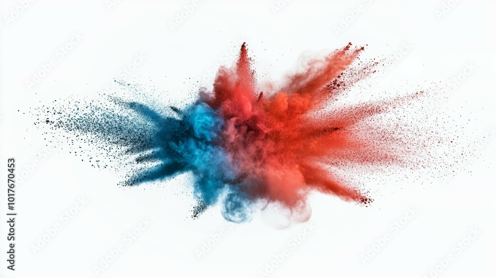 Colorful powder explosion created by blue and red pigments against a white background, capturing the vivid moment of dispersion in a dynamic and artistic manner Colorful powder explosion created by blue and red pigments against a white background, capturing the vivid moment of dispersion in a dynamic and artistic manner