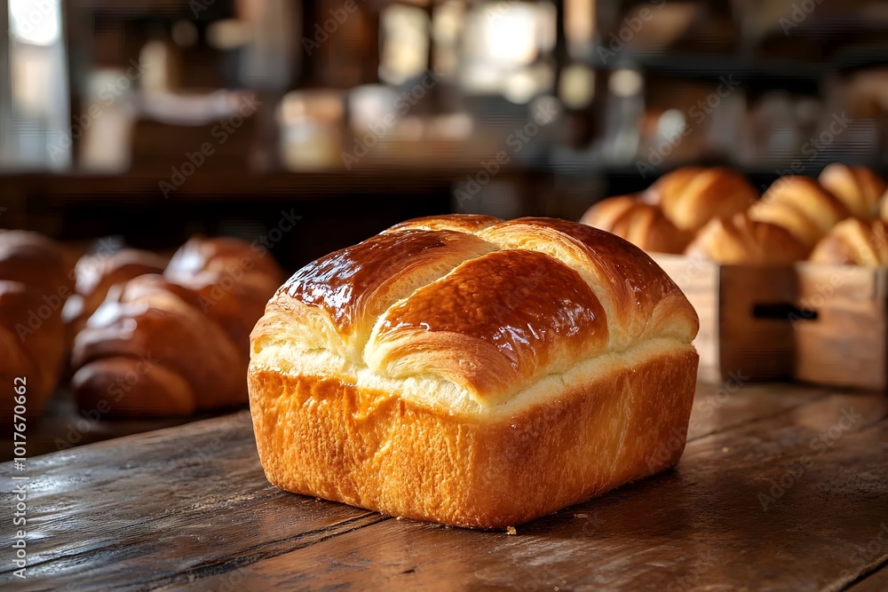 Close-up of a golden, buttery brioche sitting on a rustic wooden table, its soft, pillowy texture and shiny, glazed surface in sharp focus. Surrounding the brioche, freshly baked loaves of bread Close-up of a golden, buttery brioche sitting on a rustic wooden table, its soft, pillowy texture and shiny, glazed surface in sharp focus. Surrounding the brioche, freshly baked loaves of bread
