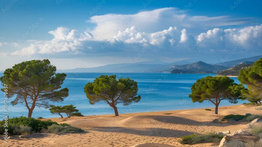 Serene Coastal View with Sandy Dunes and Pine Trees Serene Coastal View with Sandy Dunes and Pine Trees