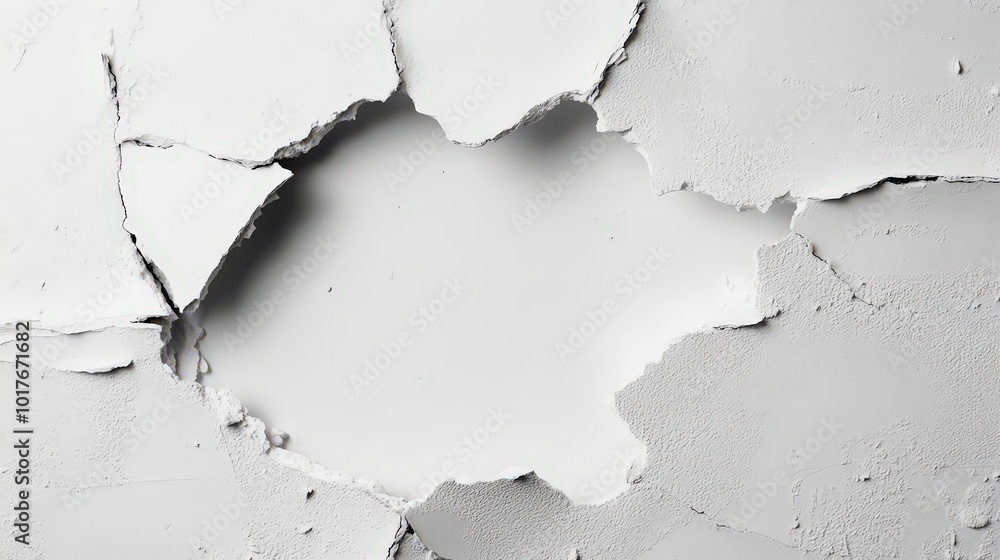 Damaged rough crack and broken concrete wall on white, concept of escape, freedom. background is damaged. Broken hole, white wall, background texture, crack Damaged rough crack and broken concrete wall on white, concept of escape, freedom. background is damaged. Broken hole, white wall, background texture, crack