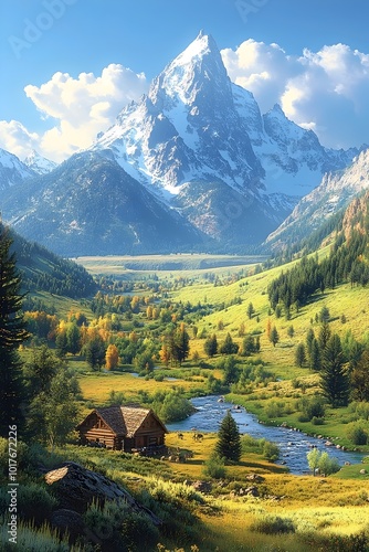 A peaceful mountain valley with a wooden cabin by a winding river. The snow-capped mountain peaks in the distance create a dramatic backdrop.