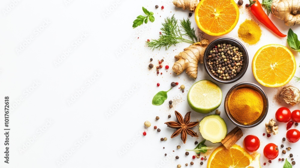 Healthy food with spices on white background, highlighting the use of flavorful spices like turmeric, cinnamon, and ginger alongside fresh, Healthy food with spices on white background, highlighting the use of flavorful spices like turmeric, cinnamon, and ginger alongside fresh,