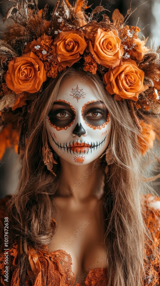 A woman embraces the spirit of Day of the Dead, adorned with intricate skull makeup and a beautiful floral crown. The vibrant colors highlight cultural traditions and honor loved ones A woman embraces the spirit of Day of the Dead, adorned with intricate skull makeup and a beautiful floral crown. The vibrant colors highlight cultural traditions and honor loved ones