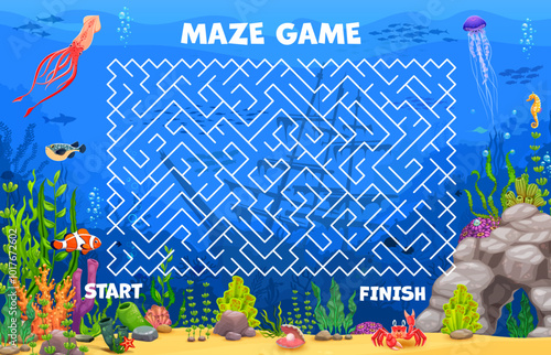 Kids labyrinth maze game, help to clown fish to find her home. Cartoon vector underwater riddle worksheet for kids featuring sea creatures, coral reefs and ocean plants, vibrant marine life and path
