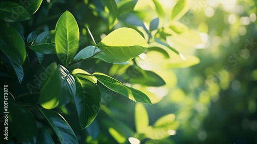 Lush green leaves with a blurred background of sunlit foliage.