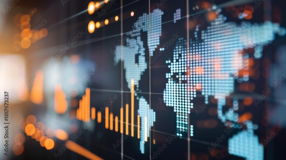 Close-up of digital world map with highlighted countries and trade routes, visualizing the impact of tariffs on global trade and rising economic tension through a graph. Close-up of digital world map with highlighted countries and trade routes, visualizing the impact of tariffs on global trade and rising economic tension through a graph.