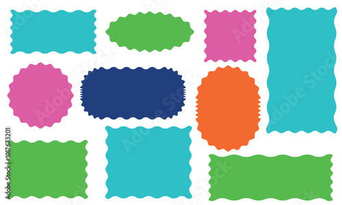 Color rectangle frames with wiggly borders. Torn paper, jagged rectangular shape box element set with zigzag edges . Geometric zig zag wavy labels,  isolated on white  background. EPS 10