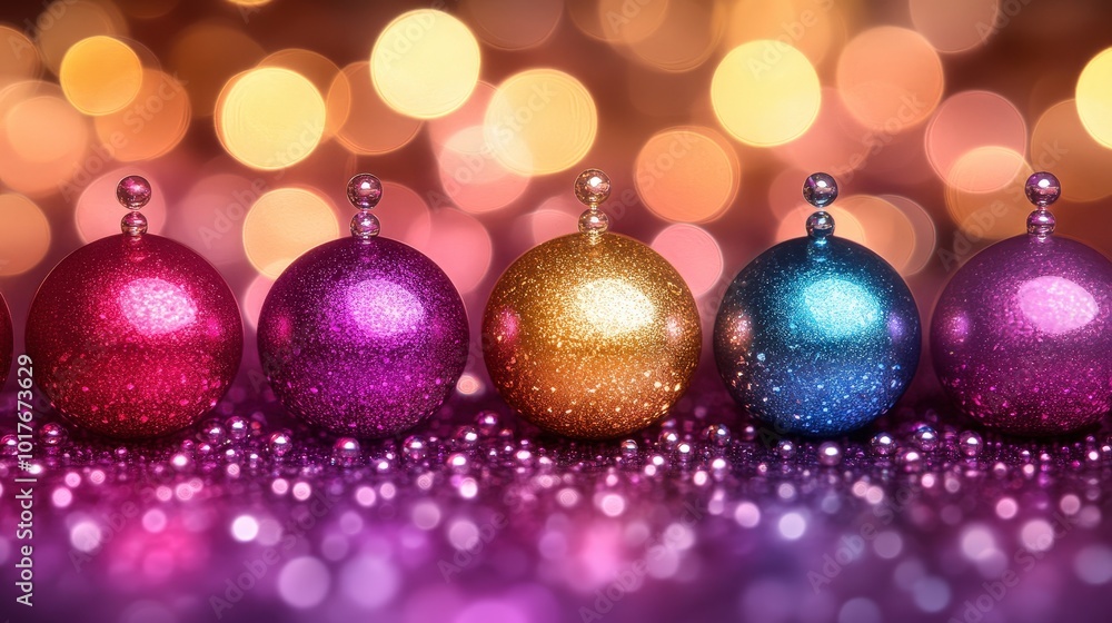 Fototapeta premium Glittering Colorful Christmas Ornaments In Festive Bokeh Lights Display For Holiday Decoration And Celebration