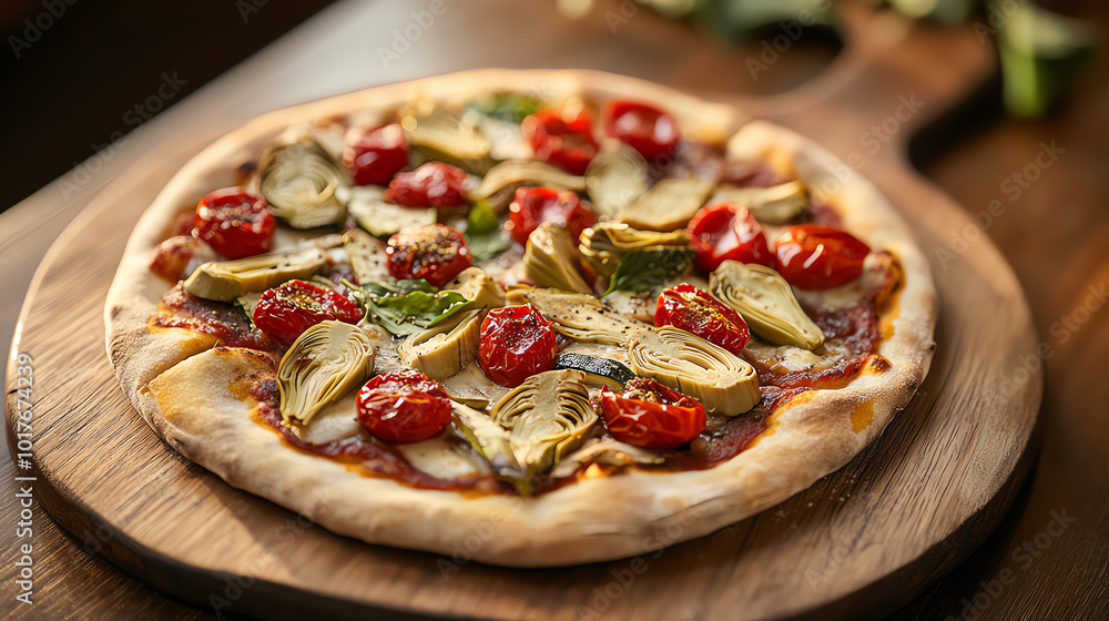 Artisan pizza with tomatoes and artichokes. Artisan pizza with tomatoes and artichokes.