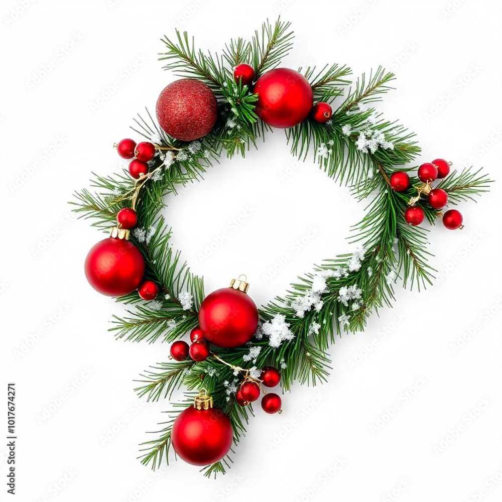 A close-up of a pine tree branch with green needles and red and silver Christmas ornaments, white background A close-up of a pine tree branch with green needles and red and silver Christmas ornaments, white background