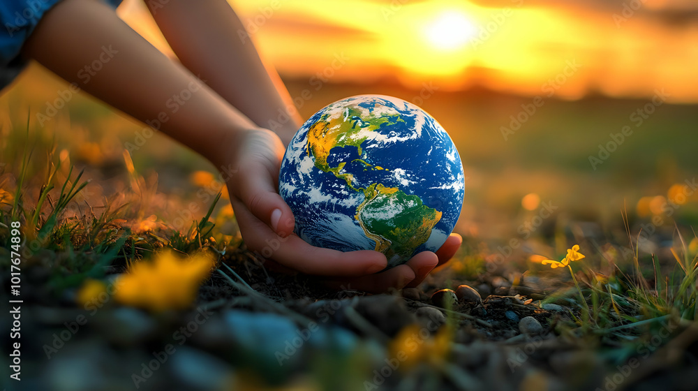 A Child's Hands Gently Hold a Miniature Earth Globe Against the Backdrop of a Stunning Sunset A Child's Hands Gently Hold a Miniature Earth Globe Against the Backdrop of a Stunning Sunset