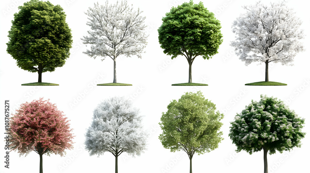 Collection of Eight 3D Rendered Trees in Various Stages of Growth and Blooming with Green Leaves and White Flowers, Isolated on a White Background Collection of Eight 3D Rendered Trees in Various Stages of Growth and Blooming with Green Leaves and White Flowers, Isolated on a White Background