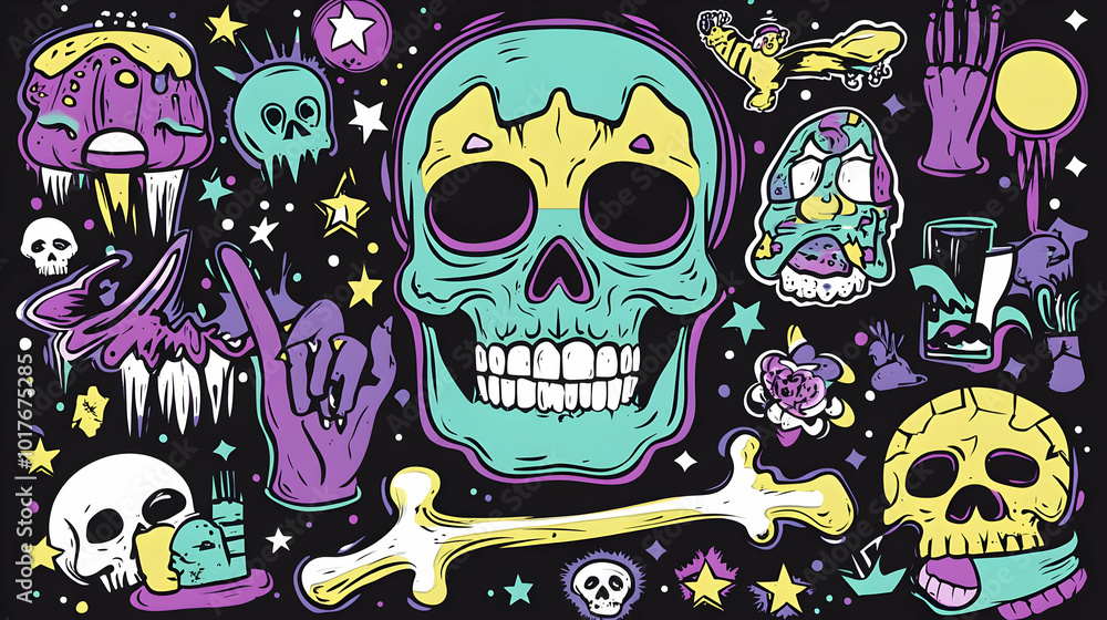 Colorful Skull Illustration with Stars, Bones and Other Grotesque Elements on a Dark Background Colorful Skull Illustration with Stars, Bones and Other Grotesque Elements on a Dark Background