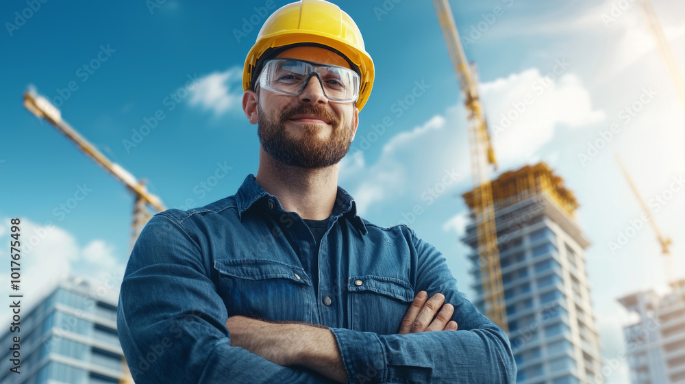 Confident construction worker in safety gear at a busy building site during the day Confident construction worker in safety gear at a busy building site during the day