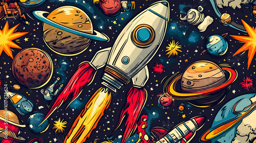 Fototapeta Naklejka Na Ścianę i Meble -  Colorful Illustrated Seamless Space Pattern with Rockets, Planets, and Stars