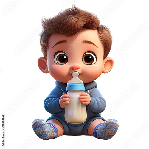 大きな茶色の目の男の子の赤ちゃんが哺乳瓶を持っています、赤ちゃんは座っています、3D漫画のキャラクター、png