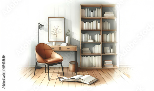  Watercolor a cozy home office with a chair, a desk, and a bookshelf.