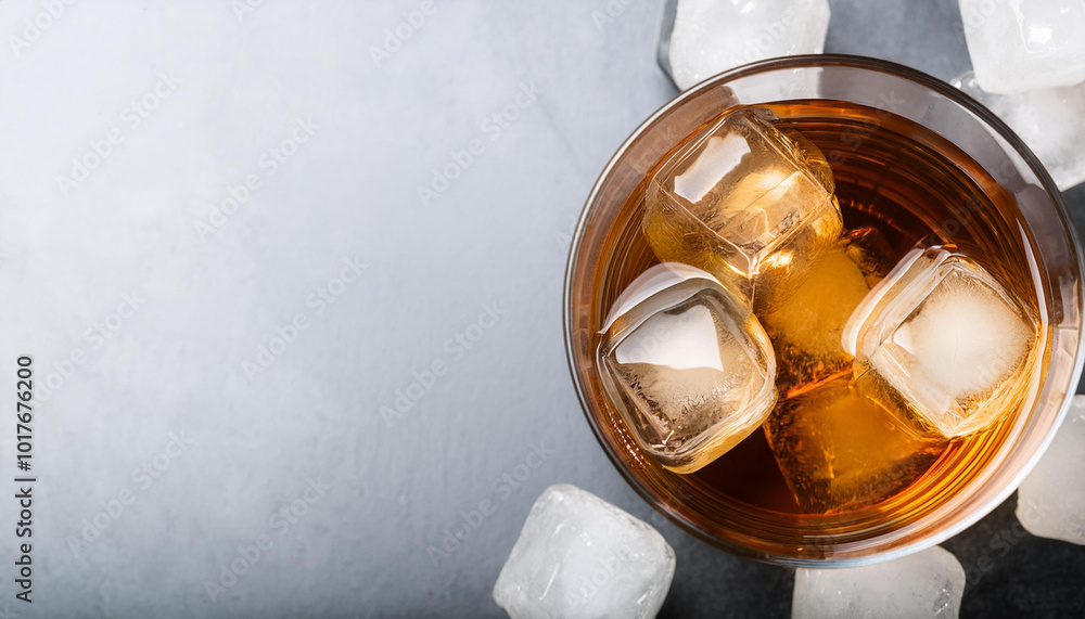 Whiskey with ice. Top view with copy space Whiskey with ice. Top view with copy space