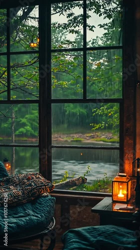 A cozy cabin scene with rain outside, featuring a serene view of nature and warm lighting.