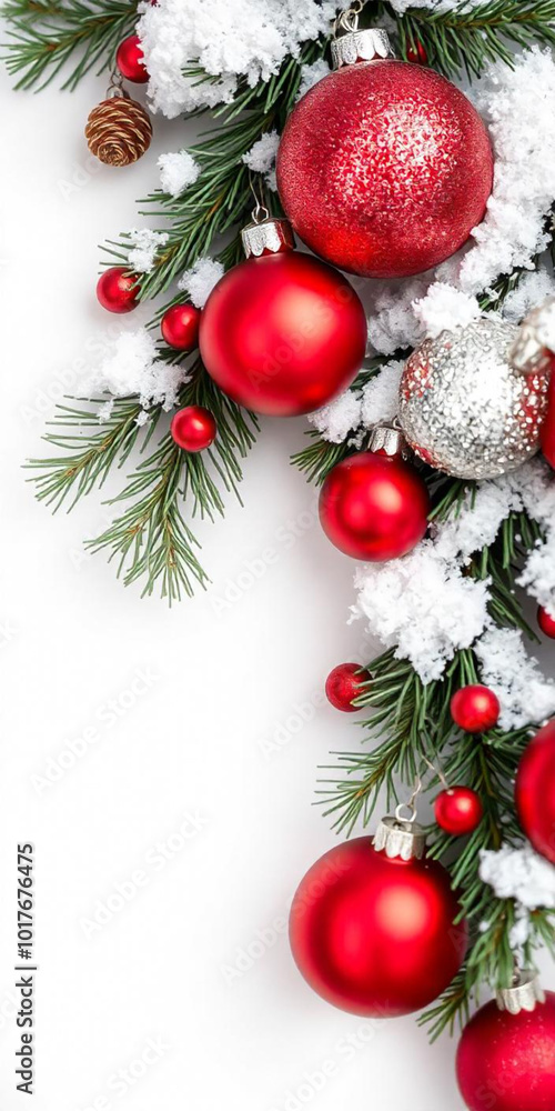 Christmas ornaments and pine branches on a white background Christmas ornaments and pine branches on a white background