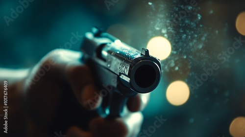 A close-up of the trigger being pulled on a handgun, with a high-speed capture of the firing moment.