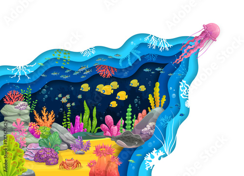 Paper cut underwater landscape with jellyfish, seaweeds, corals and fish shoal, vector background. Cartoon undersea landscape in paper cut with tropical fishes, coral reef animals, crab and stingray