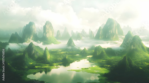 A Lush Green Valley Enveloped in Morning Mist, with Rugged Mountain Peaks Rising in the Distance