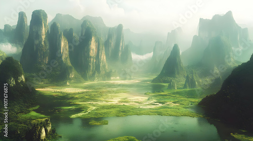 A Misty Green Valley Surrounded by Towering Limestone Cliffs, with Lush Vegetation and a Winding River Flowing Through It, in a Tranquil and Serene Setting.