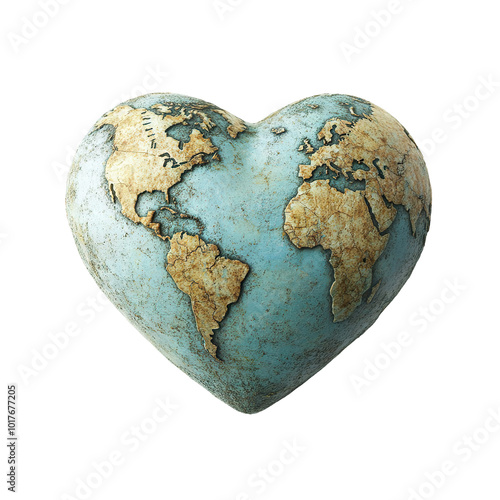 Heart-shaped world globe with a vintage map design, isolated on transparent cutout background photo