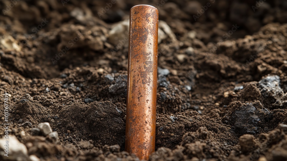 Solid copper rod embedded in the soil, showcasing its rustic texture and the surrounding earth. Ideal for construction or excavation themes. Solid copper rod embedded in the soil, showcasing its rustic texture and the surrounding earth. Ideal for construction or excavation themes.