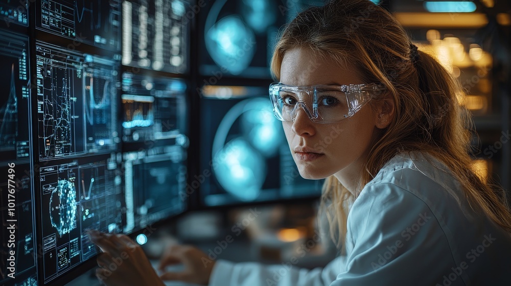 A scientist analyzes data on multiple screens in a high-tech lab setting. A scientist analyzes data on multiple screens in a high-tech lab setting.
