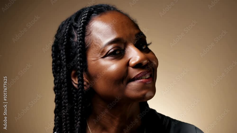 Close-up video of a middle-aged native american woman with braids, expressing curiosity with a neutral beige background, studio key light, static camera Close-up video of a middle-aged native american woman with braids, expressing curiosity with a neutral beige background, studio key light, static camera