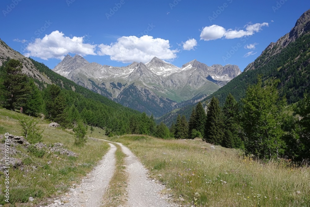 Obraz premium A serene mountain trail through lush greenery under a bright blue sky