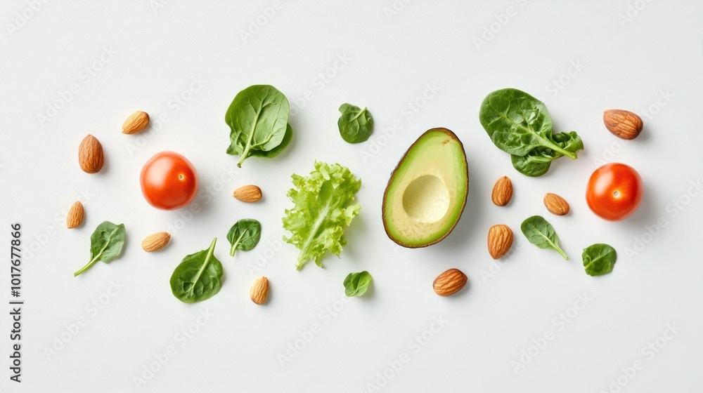 Minimalist healthy food on white, featuring a simple yet elegant display of fresh and nutritious items like leafy greens, avocados, and nuts, Minimalist healthy food on white, featuring a simple yet elegant display of fresh and nutritious items like leafy greens, avocados, and nuts,
