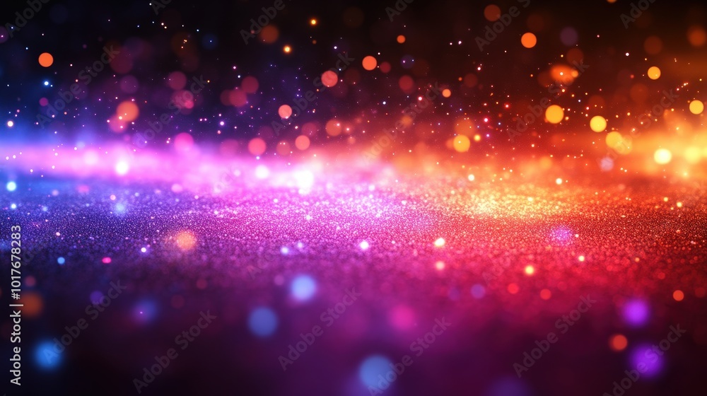 Fototapeta premium Colorful Glowing Particles Spread Across Horizon In Abstract Vibrant Background For Futuristic And Festive Designs