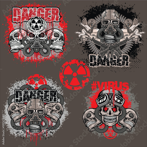 post-apocalypse sign with skull and gas mask, grunge vintage design t shirts