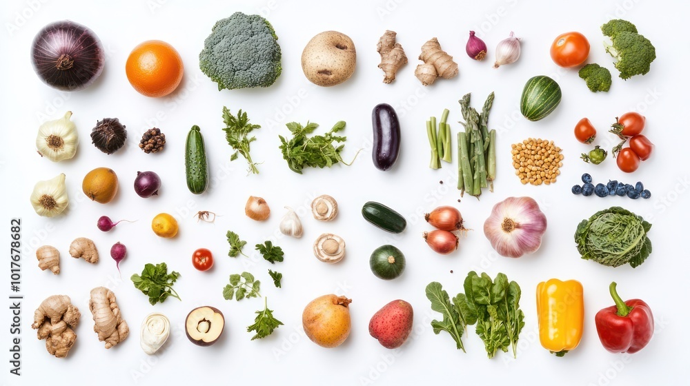 Natural food on white background: Whole, unprocessed natural foods like fruits, vegetables, and grains displayed on a white background to emphasize their health and freshness. Natural food on white background: Whole, unprocessed natural foods like fruits, vegetables, and grains displayed on a white background to emphasize their health and freshness.