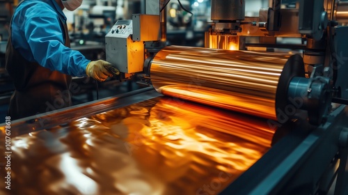 Worker operates a copper foil roll machine in a manufacturing facility, showcasing the precision and technology involved in metal processing and production.