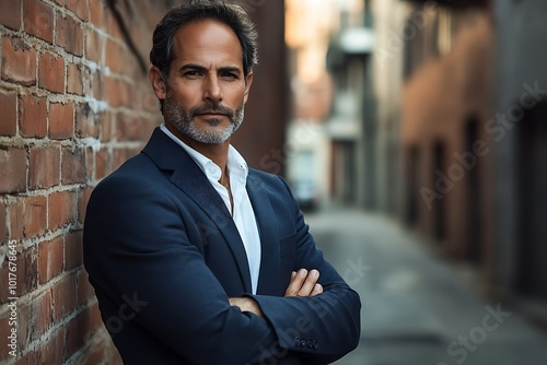 A confident man poses in an urban alleyway.