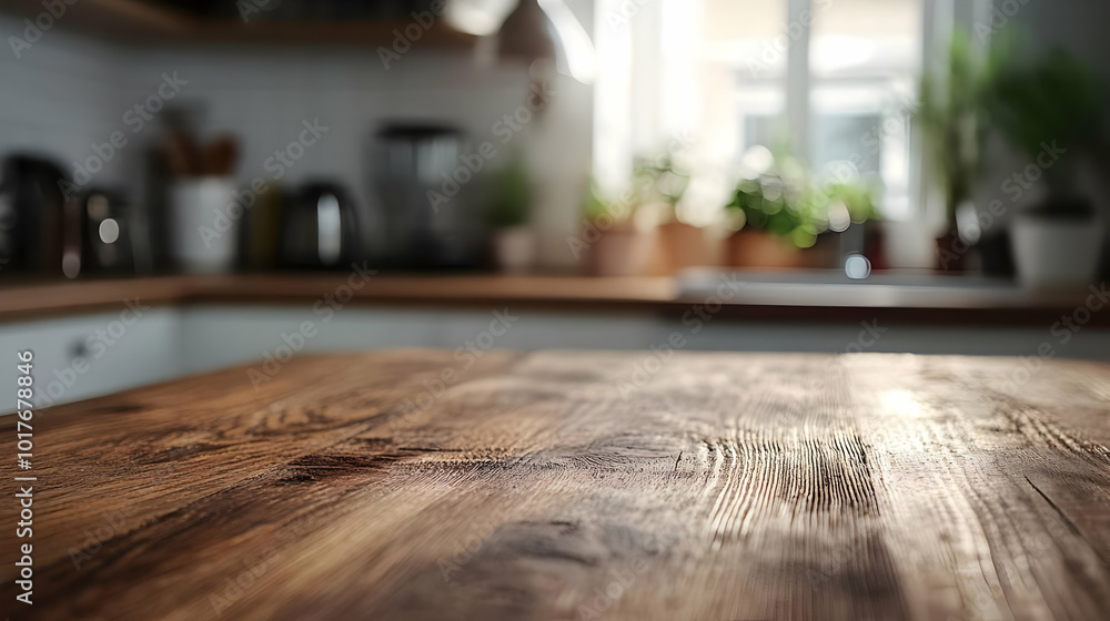 Wooden Kitchen Countertop with Blurred Background. Wooden Kitchen Countertop with Blurred Background.