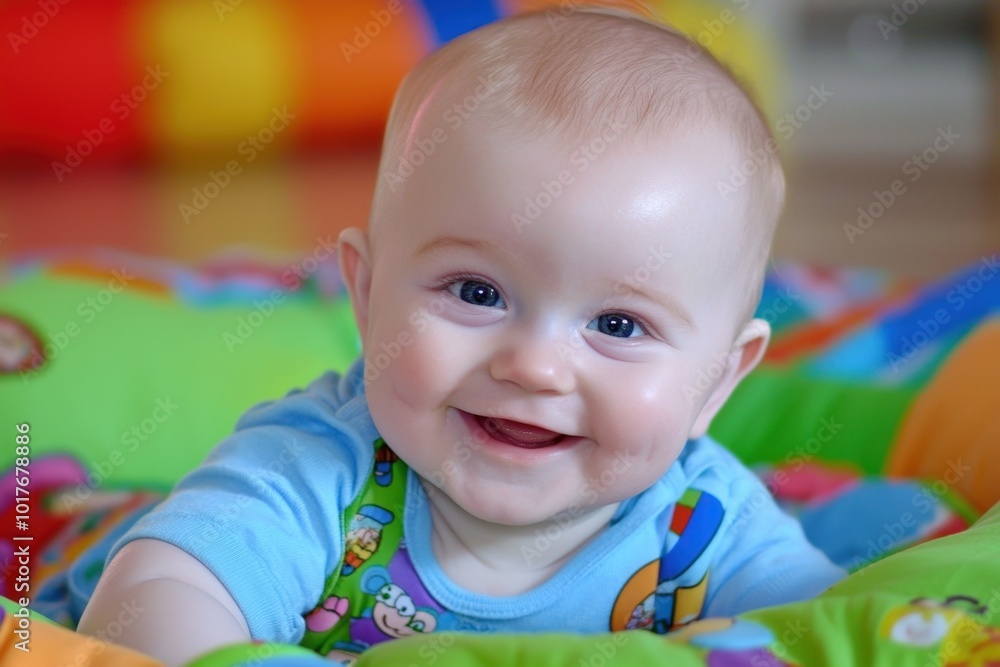 Happy baby smiling on a colorful play mat during a sunny afternoon at home Happy baby smiling on a colorful play mat during a sunny afternoon at home
